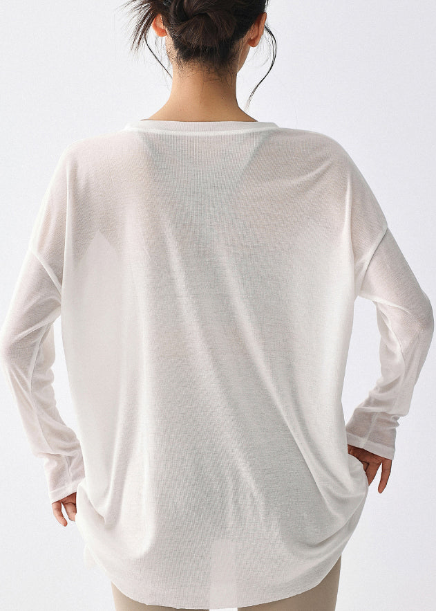 Simple White Asymmetrical Long Sleeve Yoga Smock Top