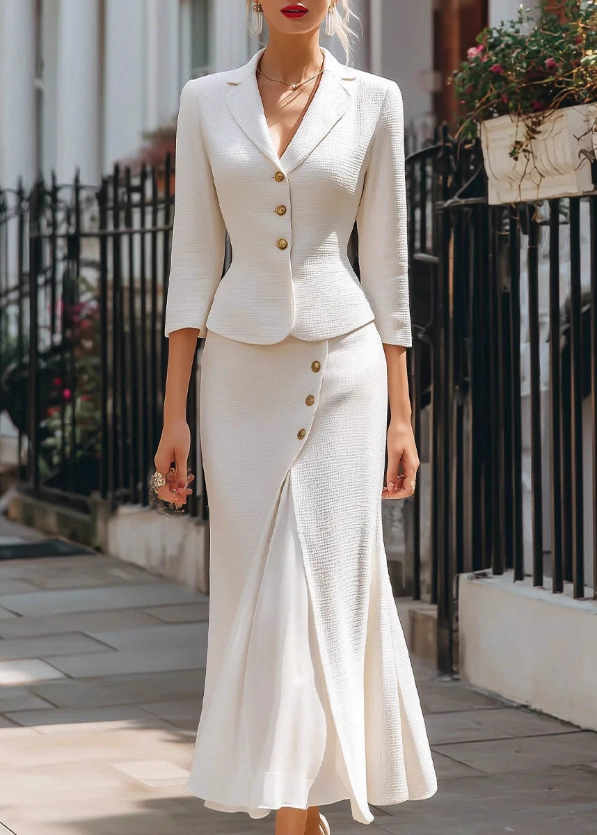 Simple White Blazer Top And Skirts Two-Piece Set Bracelet Sleeve