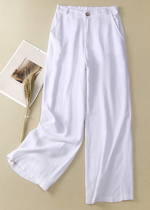 Simple White Button High Waist Linen Pants Summer