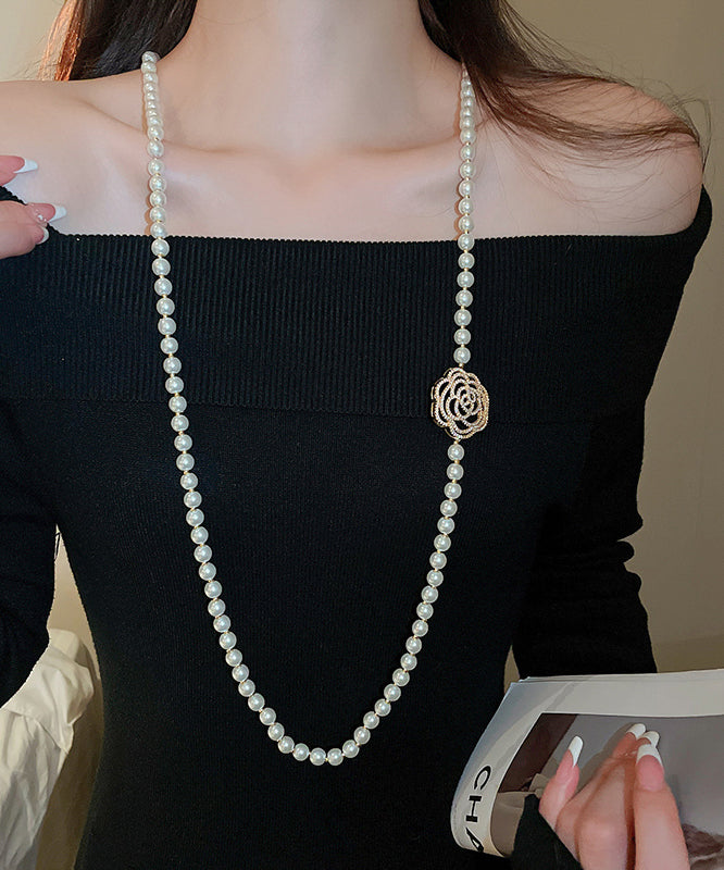 Simple White Copper Zircon Pearl Camellia Sweaters Pendant Necklace