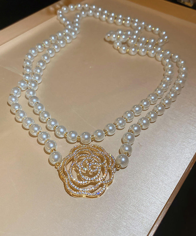 Simple White Copper Zircon Pearl Camellia Sweaters Pendant Necklace