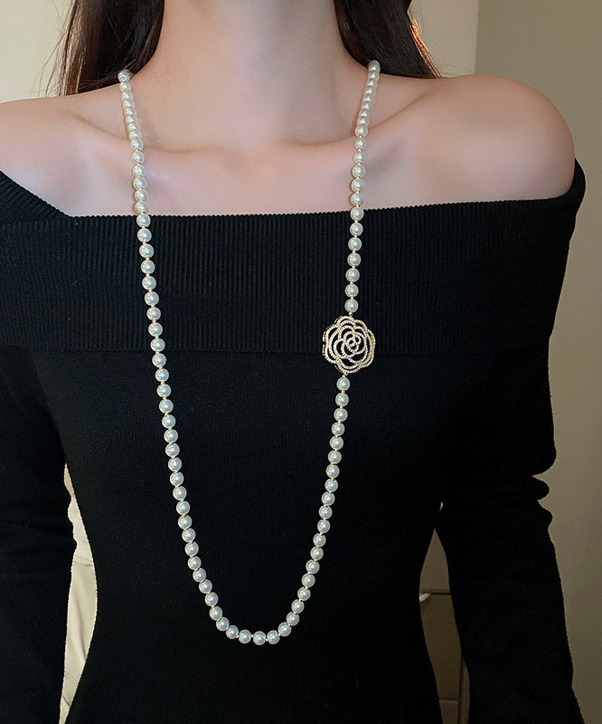 Simple White Copper Zircon Pearl Camellia Sweaters Pendant Necklace