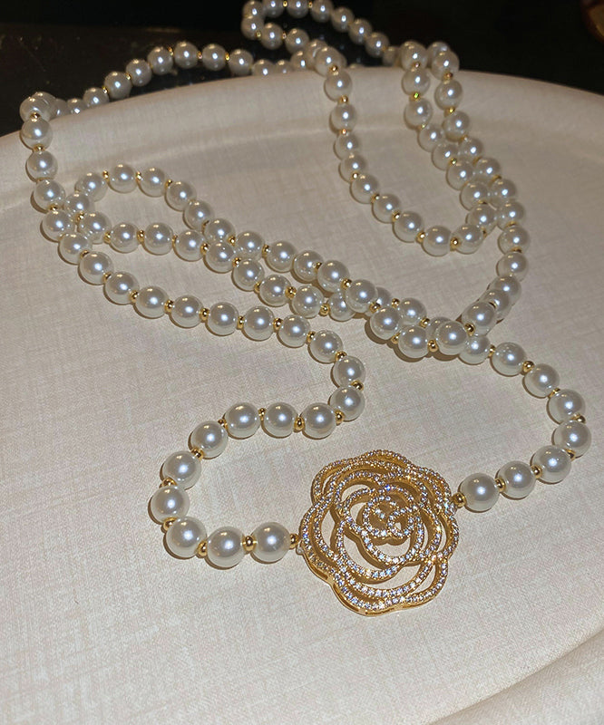 Simple White Copper Zircon Pearl Camellia Sweaters Pendant Necklace