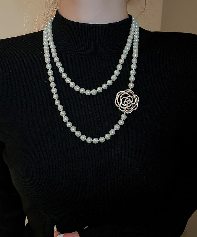 Simple White Copper Zircon Pearl Camellia Sweaters Pendant Necklace