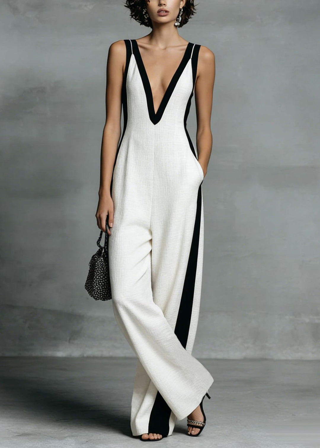 Simple White Deep-V Neck Striped Cotton Jumpsuits Summer