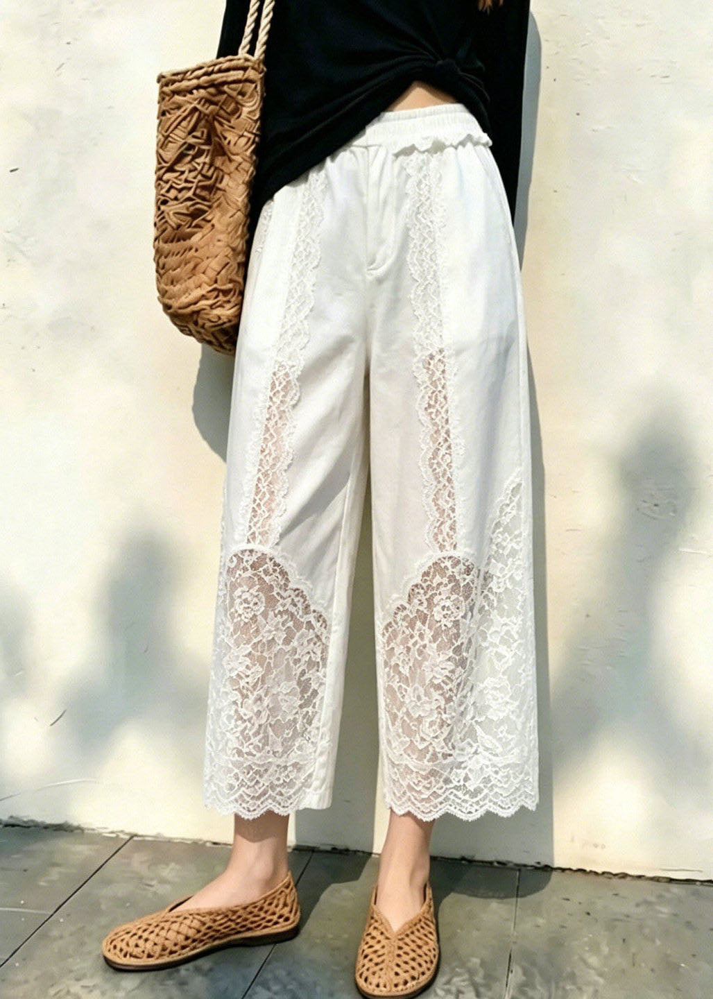 Simple White Elastic Waist Crop Pants Lace Patchwork Fall