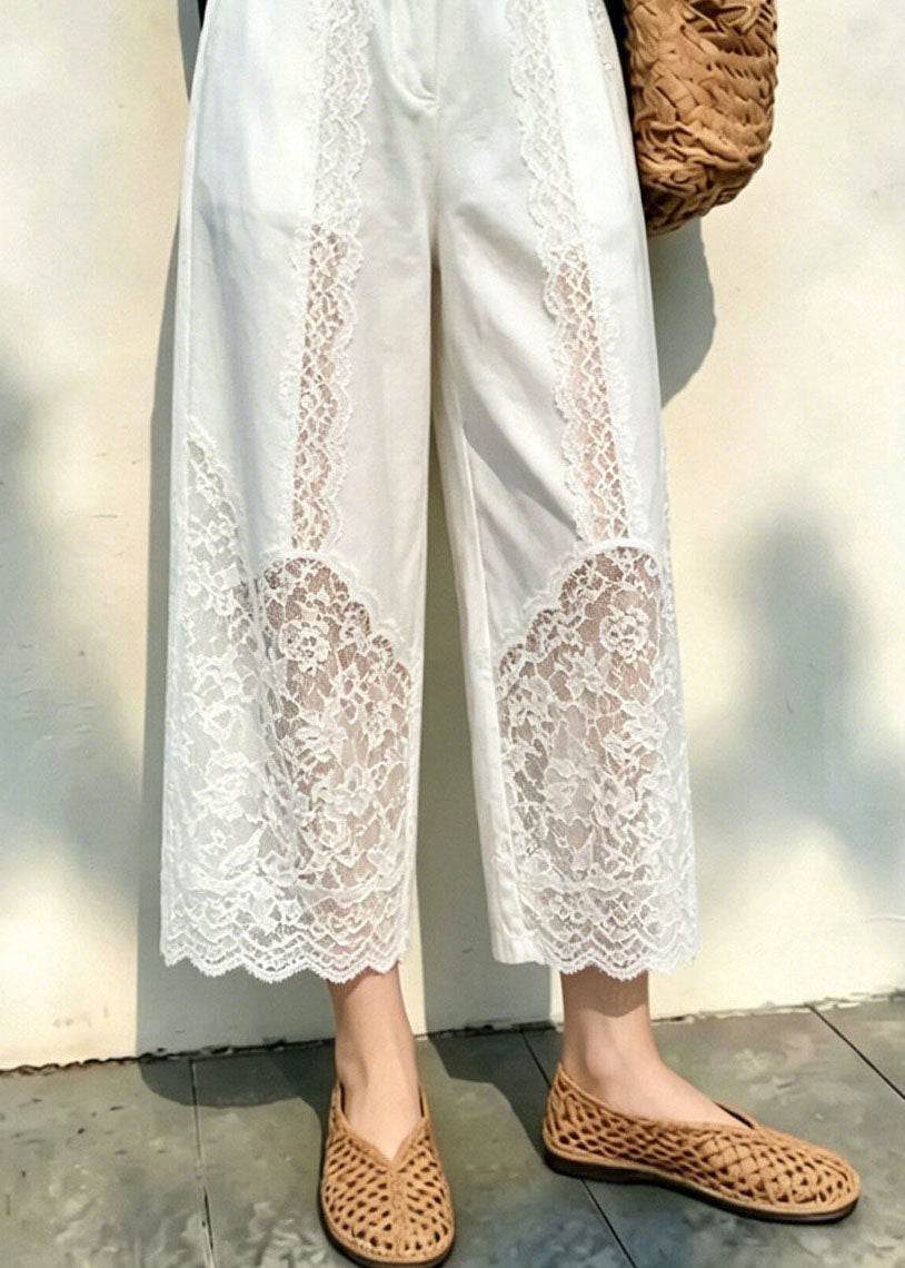 Simple White Elastic Waist Crop Pants Lace Patchwork Fall