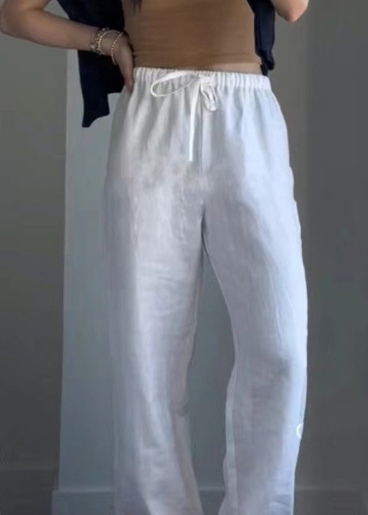 Simple White Elastic Waist Lace Up Linen Pants Summer