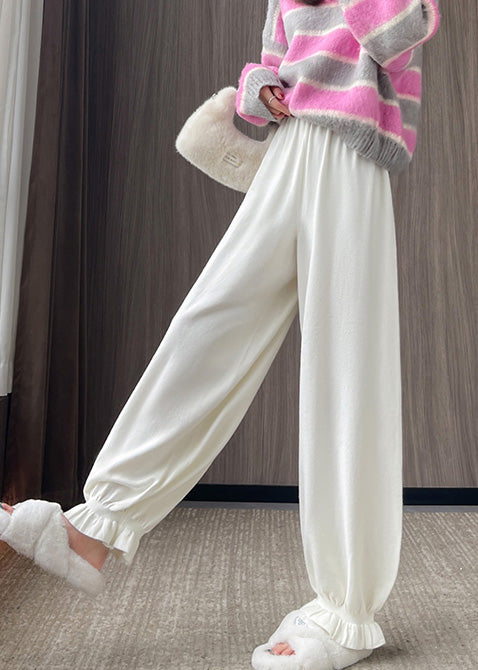 Simple White Elastic Waist Pockets Knit Pants Fall