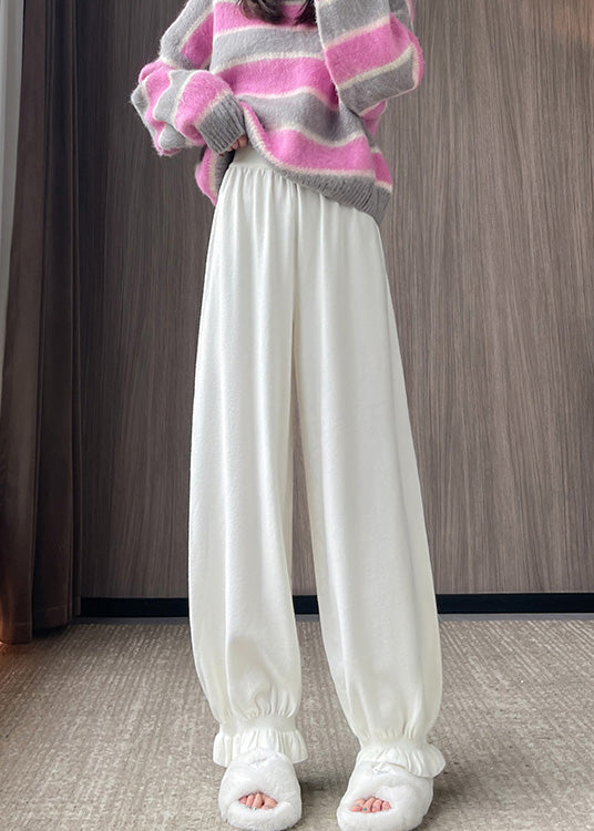 Simple White Elastic Waist Pockets Knit Pants Fall