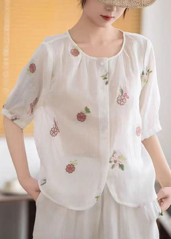 Simple White Embroidered Linen Shirt Half Sleeve
