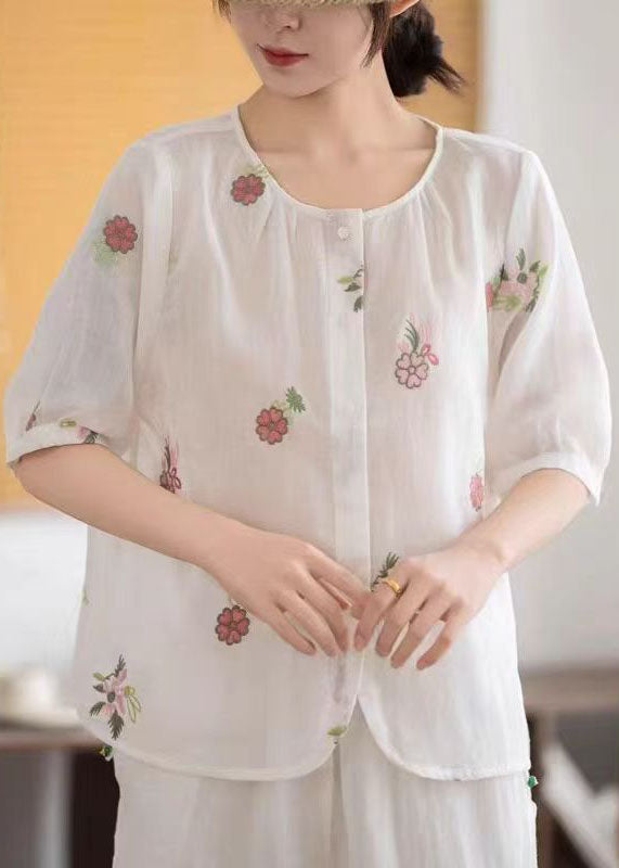 Simple White Embroidered Linen Shirt Half Sleeve