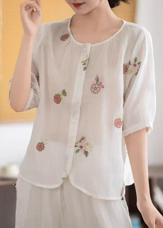 Simple White Embroidered Linen Shirt Half Sleeve