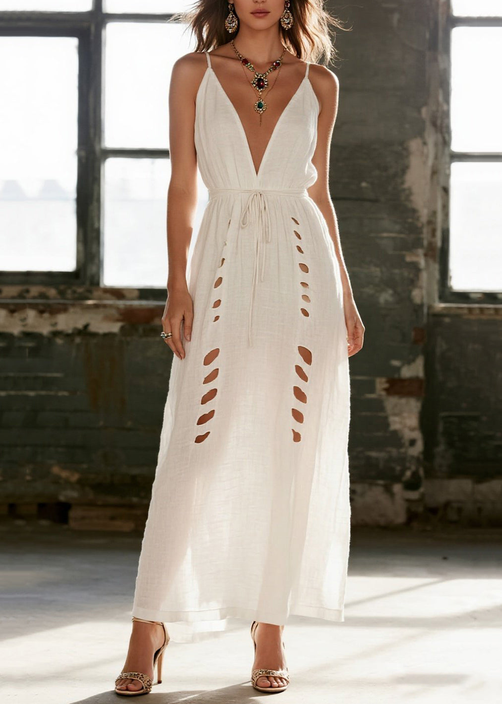 Simple White Hollow Out Cotton Cami Dress Summer