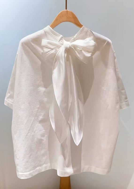 Simple White Lace Up Solid Cotton T Shirts Summer