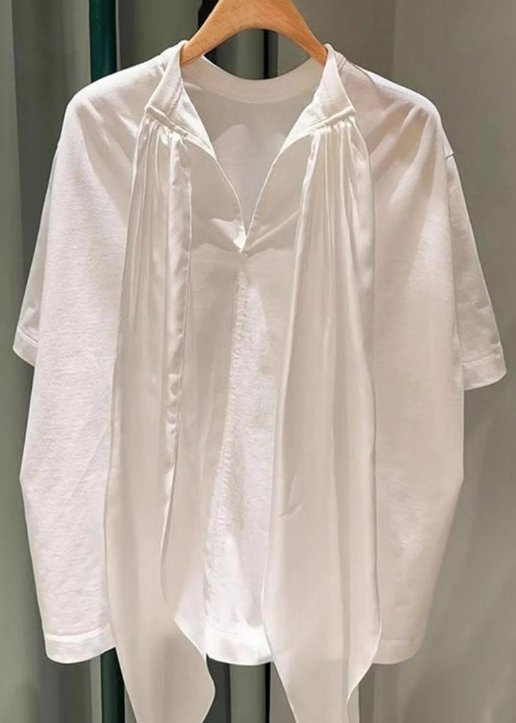 Simple White Lace Up Solid Cotton T Shirts Summer