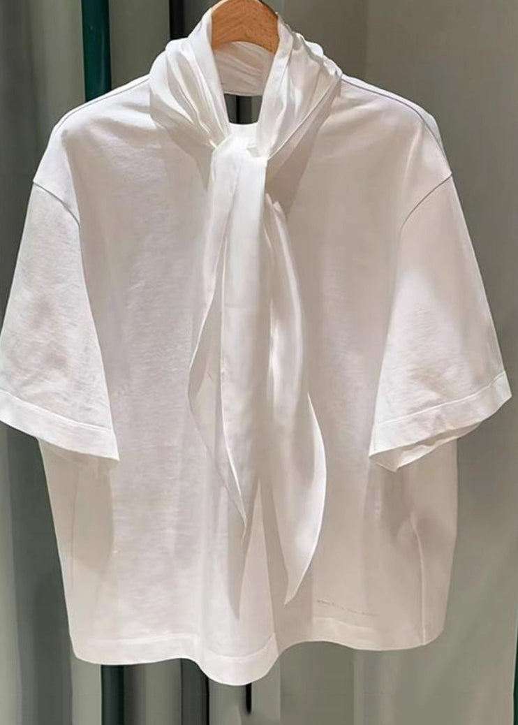 Simple White Lace Up Solid Cotton T Shirts Summer