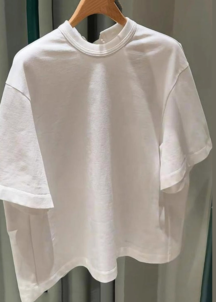 Simple White Lace Up Solid Cotton T Shirts Summer