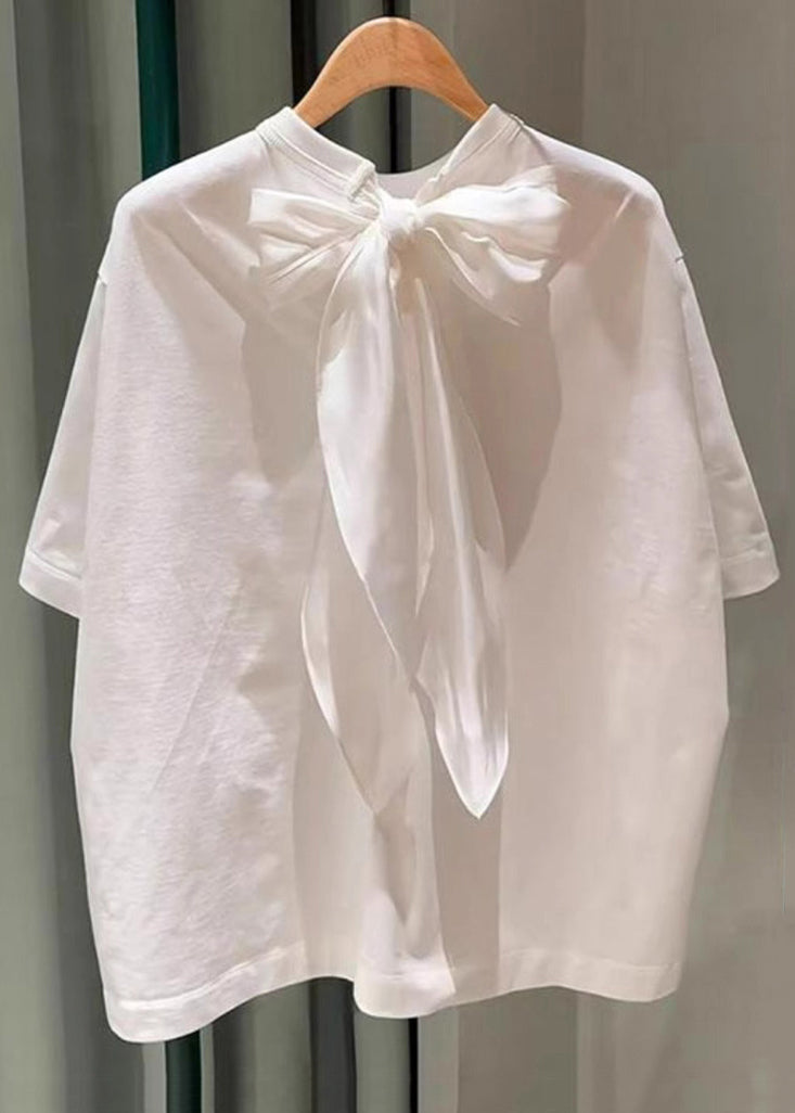 Simple White Lace Up Solid Cotton T Shirts Summer