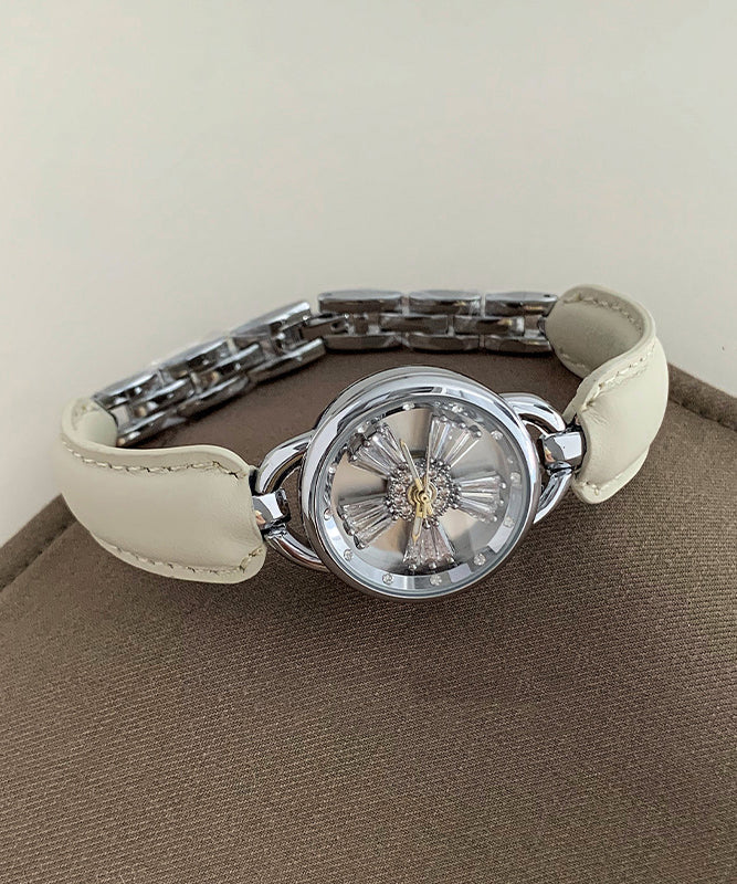 Simple White Leather Zircon Hardlex Crystal Watches