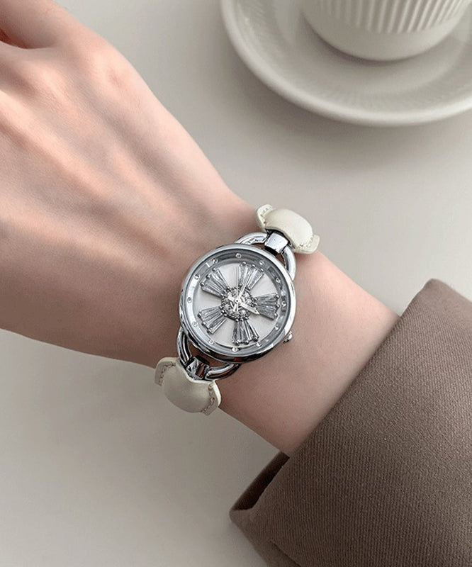 Simple White Leather Zircon Hardlex Crystal Watches