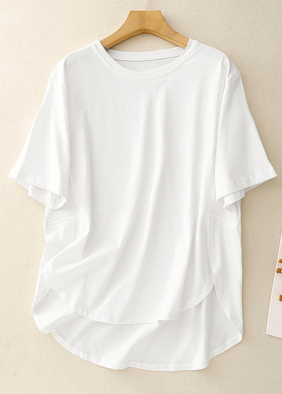 Simple White O Neck Low High Design Cotton T Shirts Summer