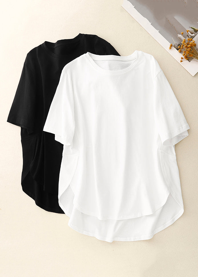 Simple White O Neck Low High Design Cotton T Shirts Summer