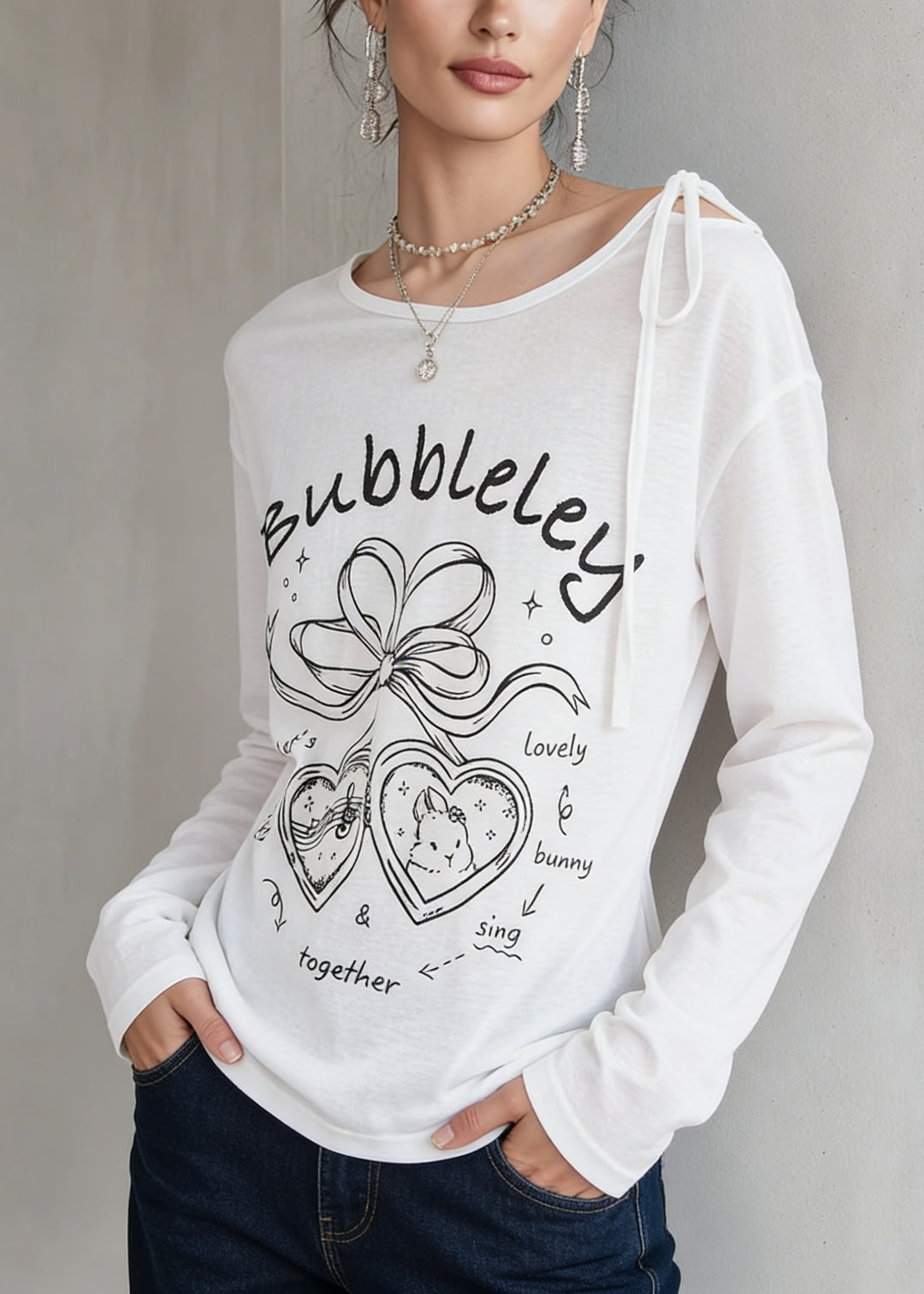 Simple White O Neck Print Cotton T Shirt Spring
