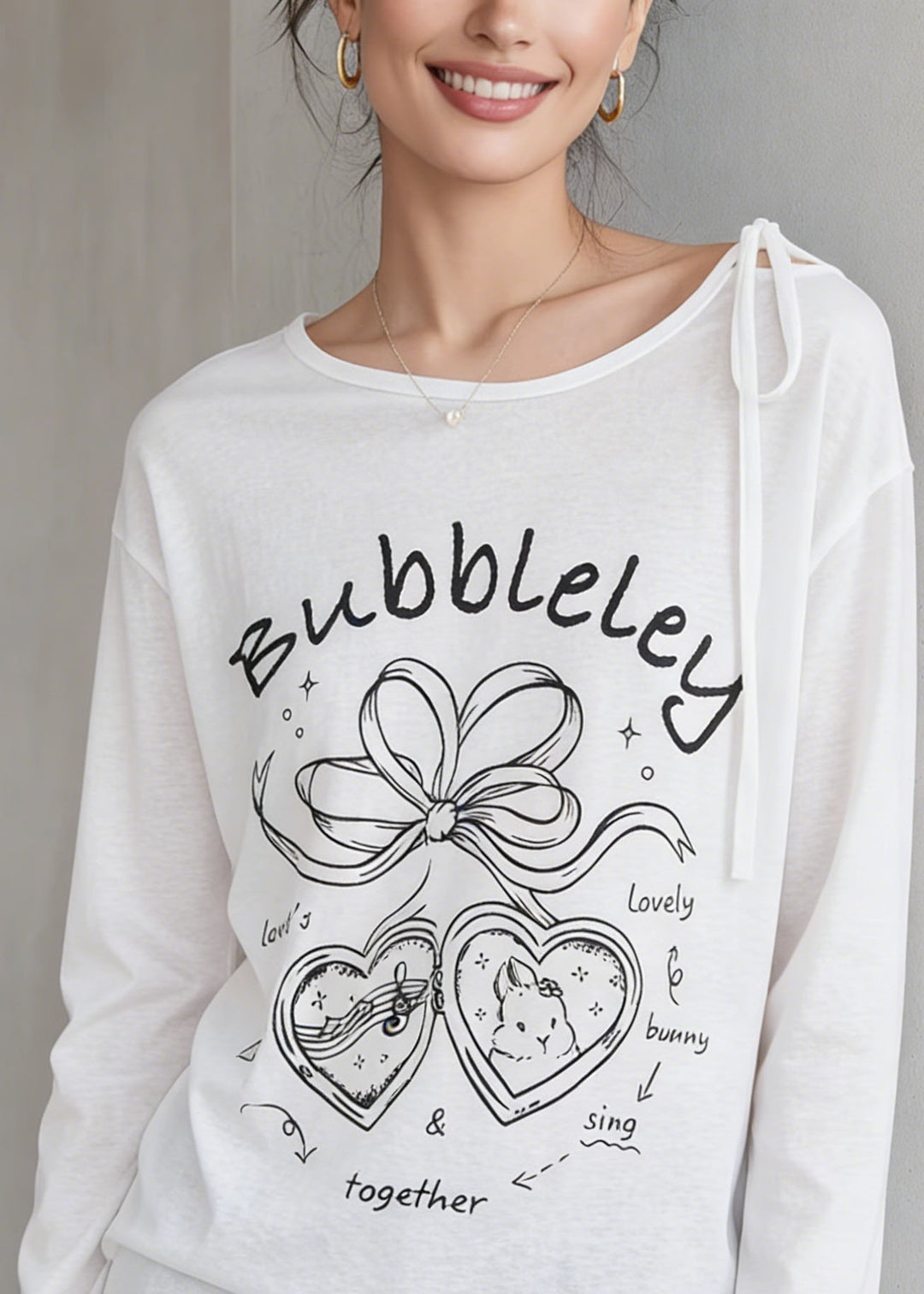Simple White O Neck Print Cotton T Shirt Spring