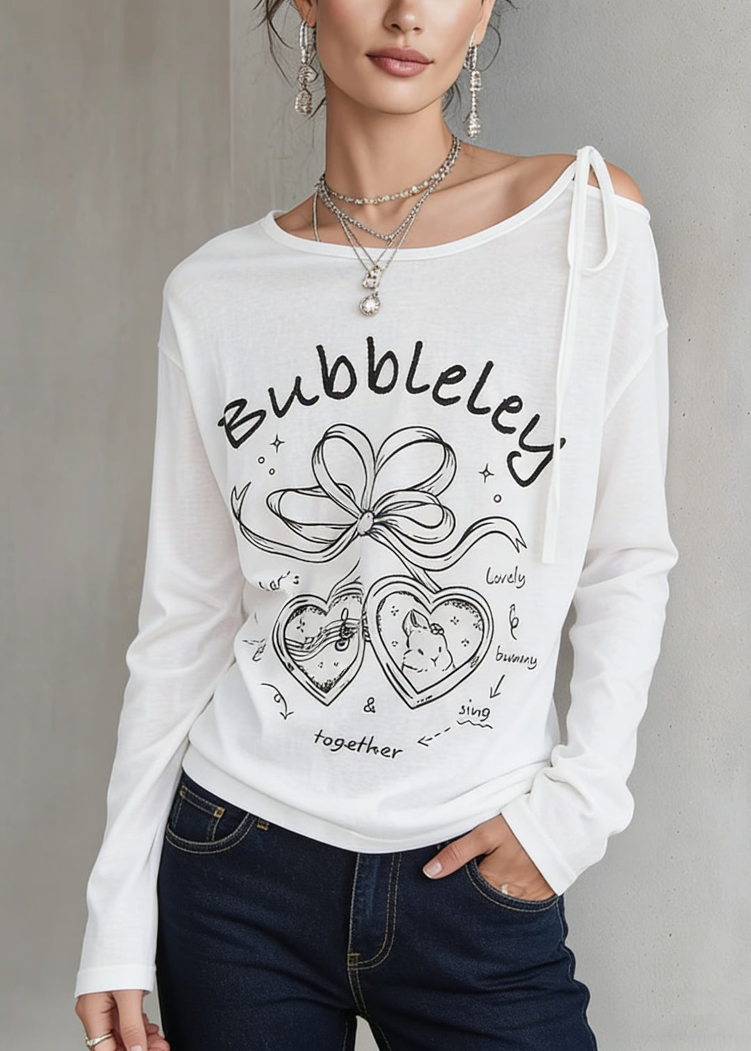 Simple White O Neck Print Cotton T Shirt Spring