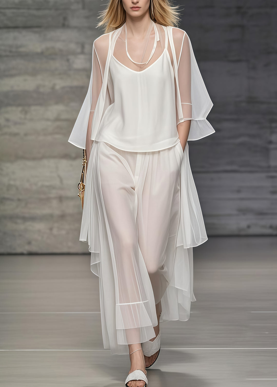 Simple White Oversized Draping Tulle Two Pieces Set Summer