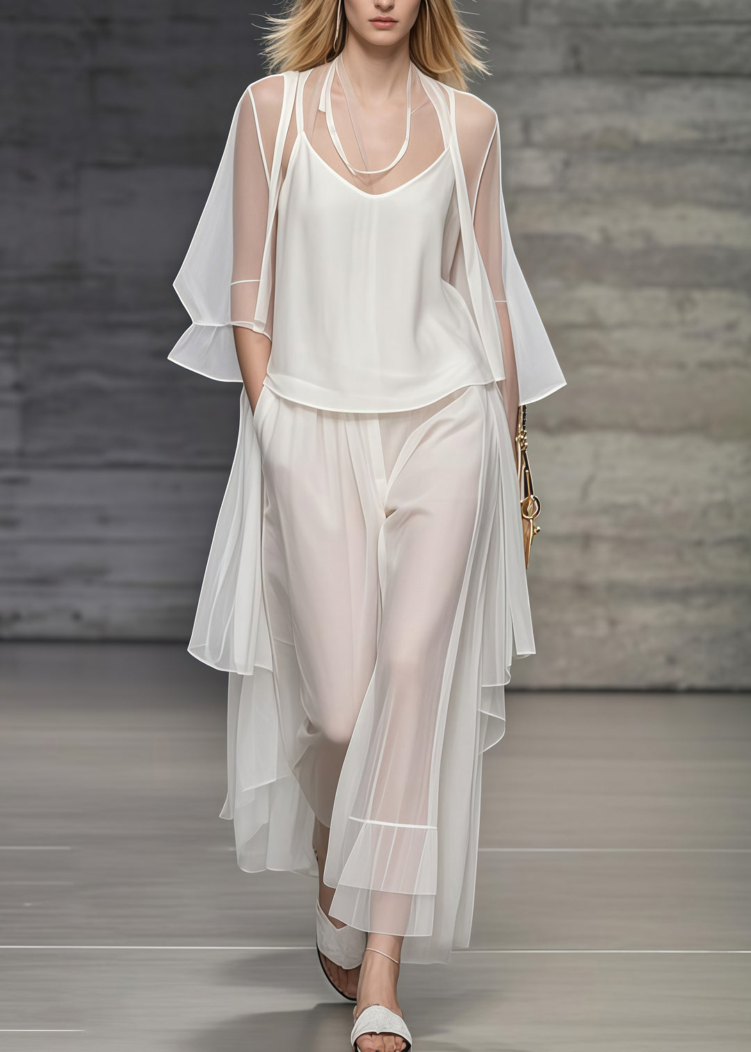 Simple White Oversized Draping Tulle Two Pieces Set Summer