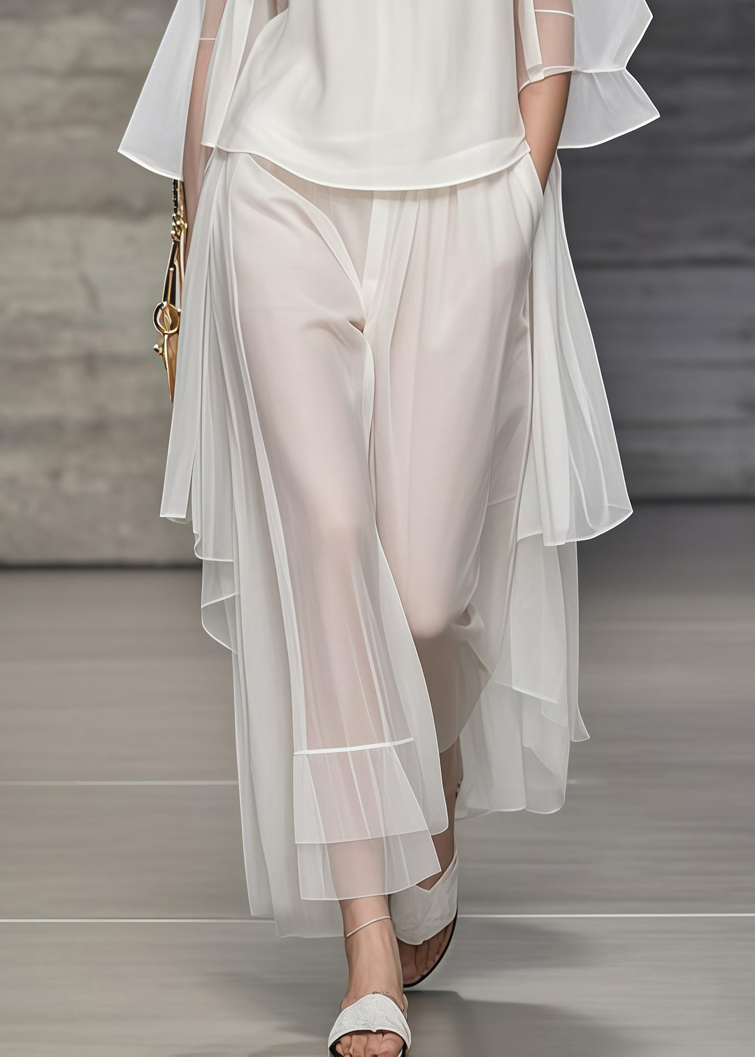 Simple White Oversized Draping Tulle Two Pieces Set Summer