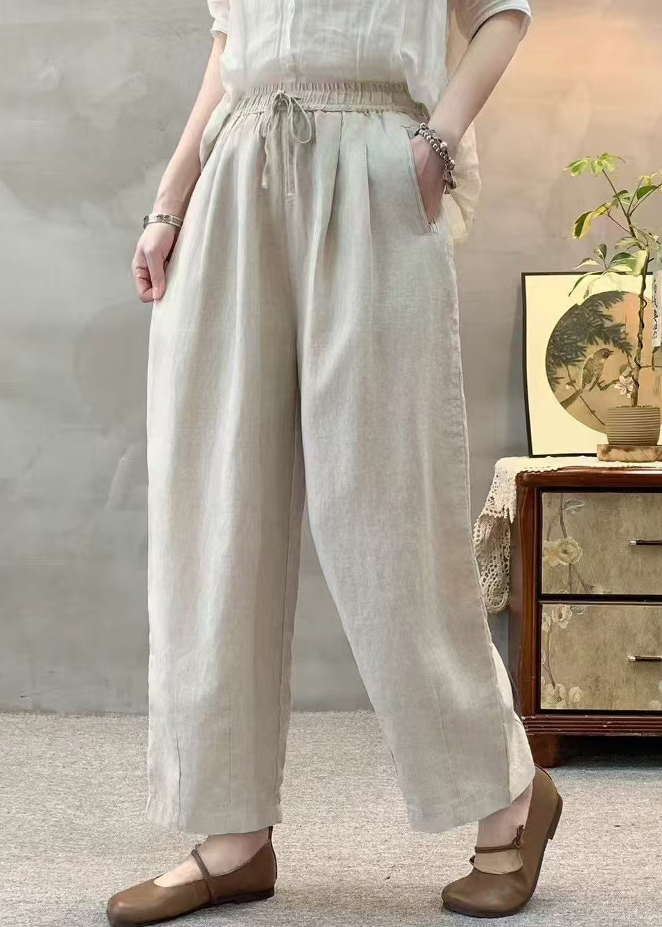Simple White Oversized Elastic Waist Linen Harem Pants Summer