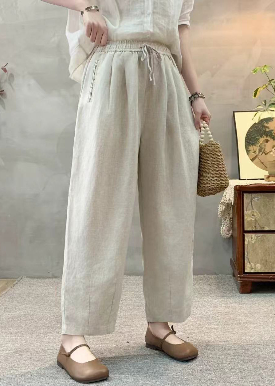 Simple White Oversized Elastic Waist Linen Harem Pants Summer