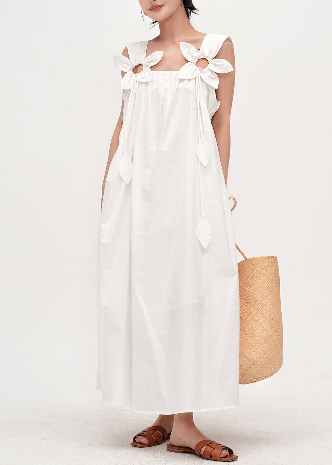 Simple White Oversized Floral Decorated Cotton Cami Dress Summer