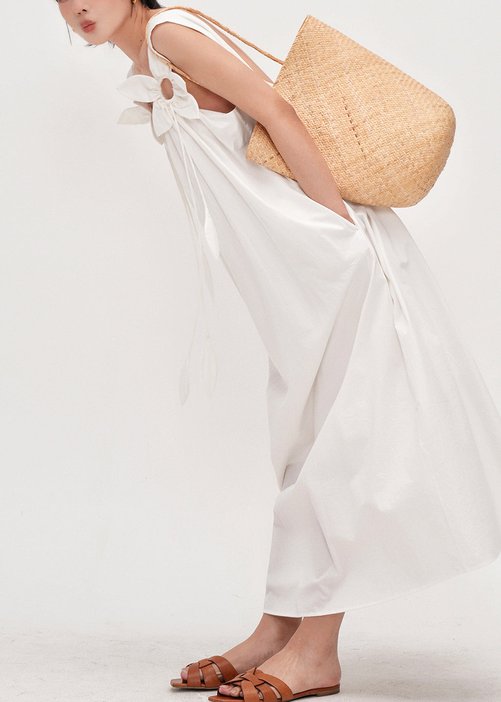 Simple White Oversized Floral Decorated Cotton Cami Dress Summer