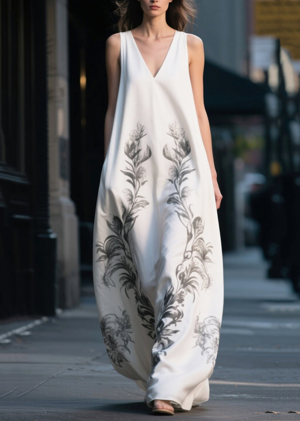 Simple White Oversized Print Chiffon Long Dress Summer