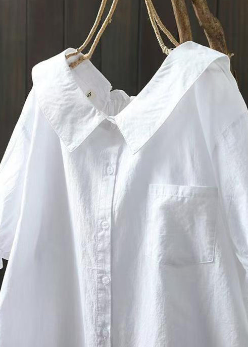 Simple White Peter Pan Collar Pocket Cotton Shirts Summer