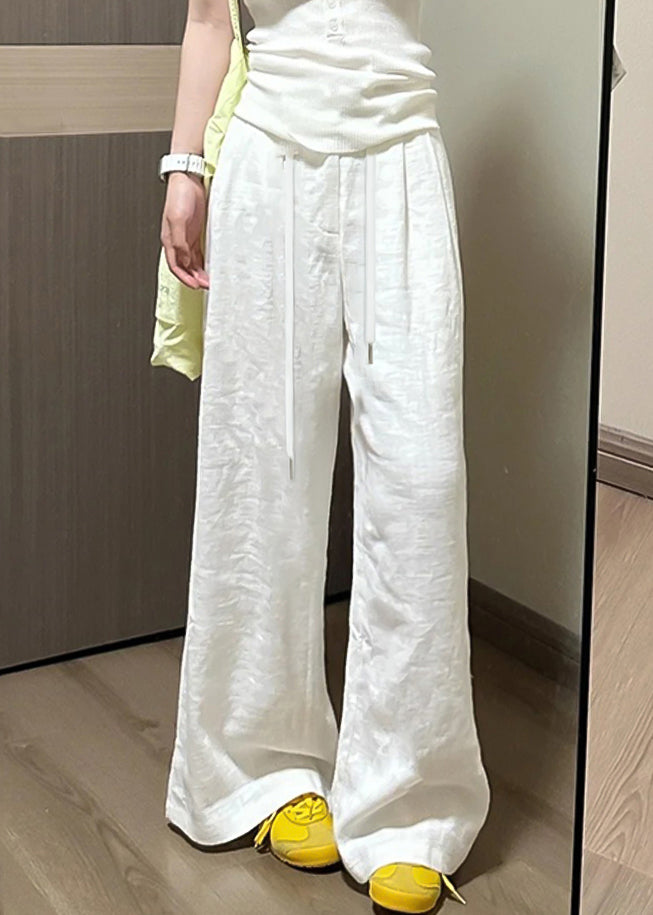 Simple White Pockets Elastic Waist Linen Pants Fall