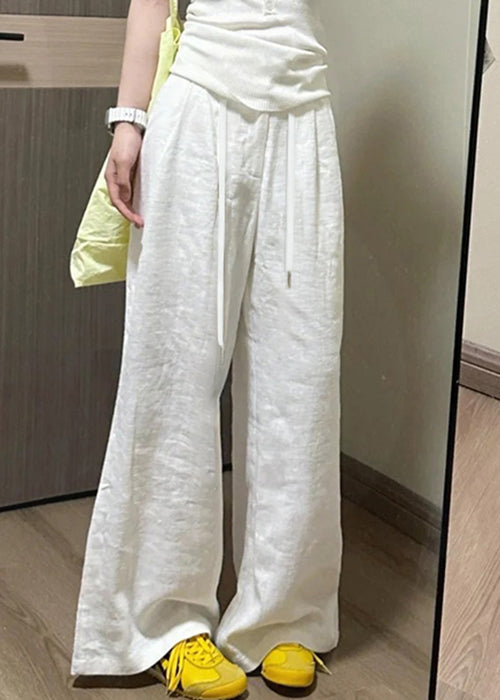 Simple White Pockets Elastic Waist Linen Pants Fall