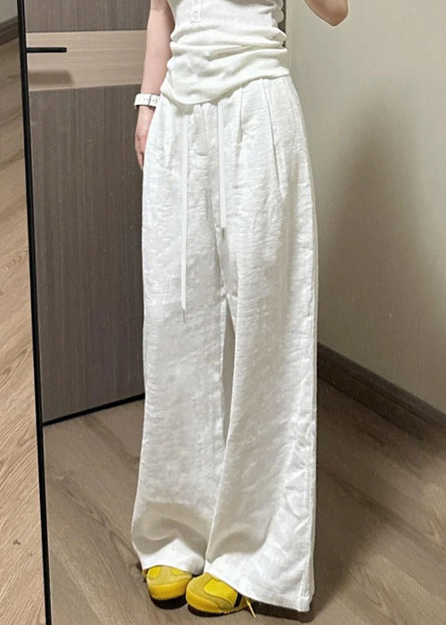 Simple White Pockets Elastic Waist Linen Pants Fall