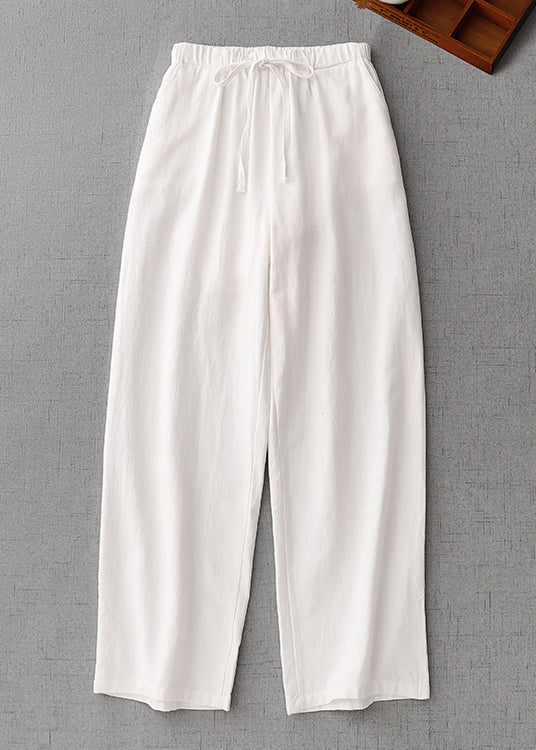 Simple White Pockets Elastic Waist Solid Cotton Pants Summer