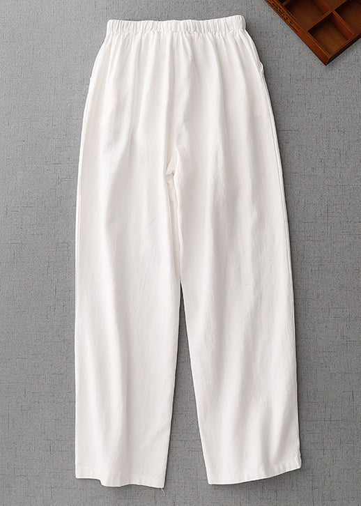 Simple White Pockets Elastic Waist Solid Cotton Pants Summer