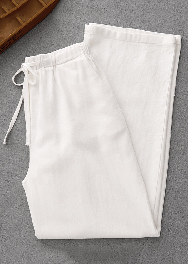 Simple White Pockets Elastic Waist Solid Cotton Pants Summer