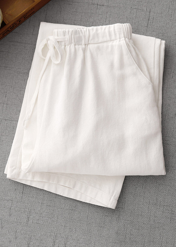 Simple White Pockets Elastic Waist Solid Cotton Pants Summer