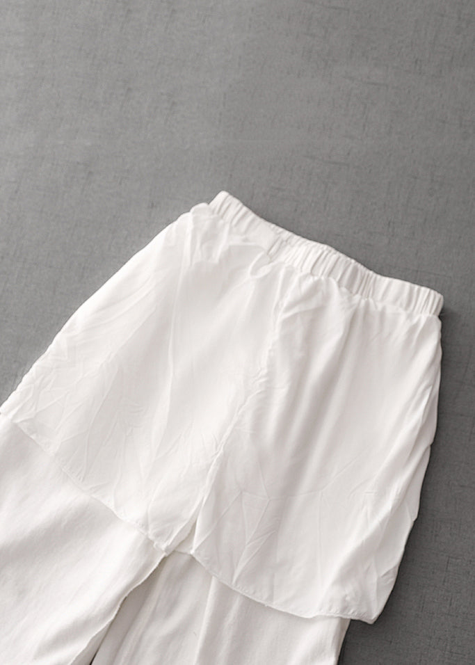 Simple White Pockets Elastic Waist Solid Cotton Pants Summer