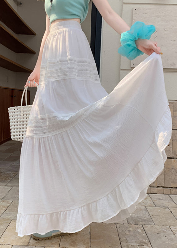 Simple White Ruffled Lace Patchwork Maxi Skirts Summer