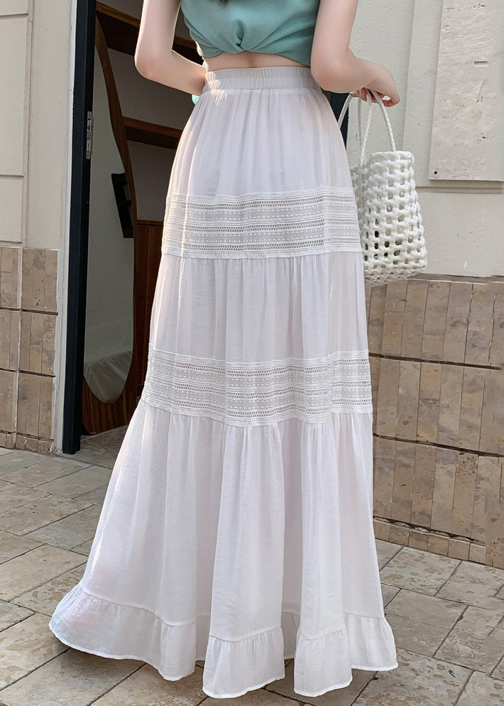 Simple White Ruffled Lace Patchwork Maxi Skirts Summer