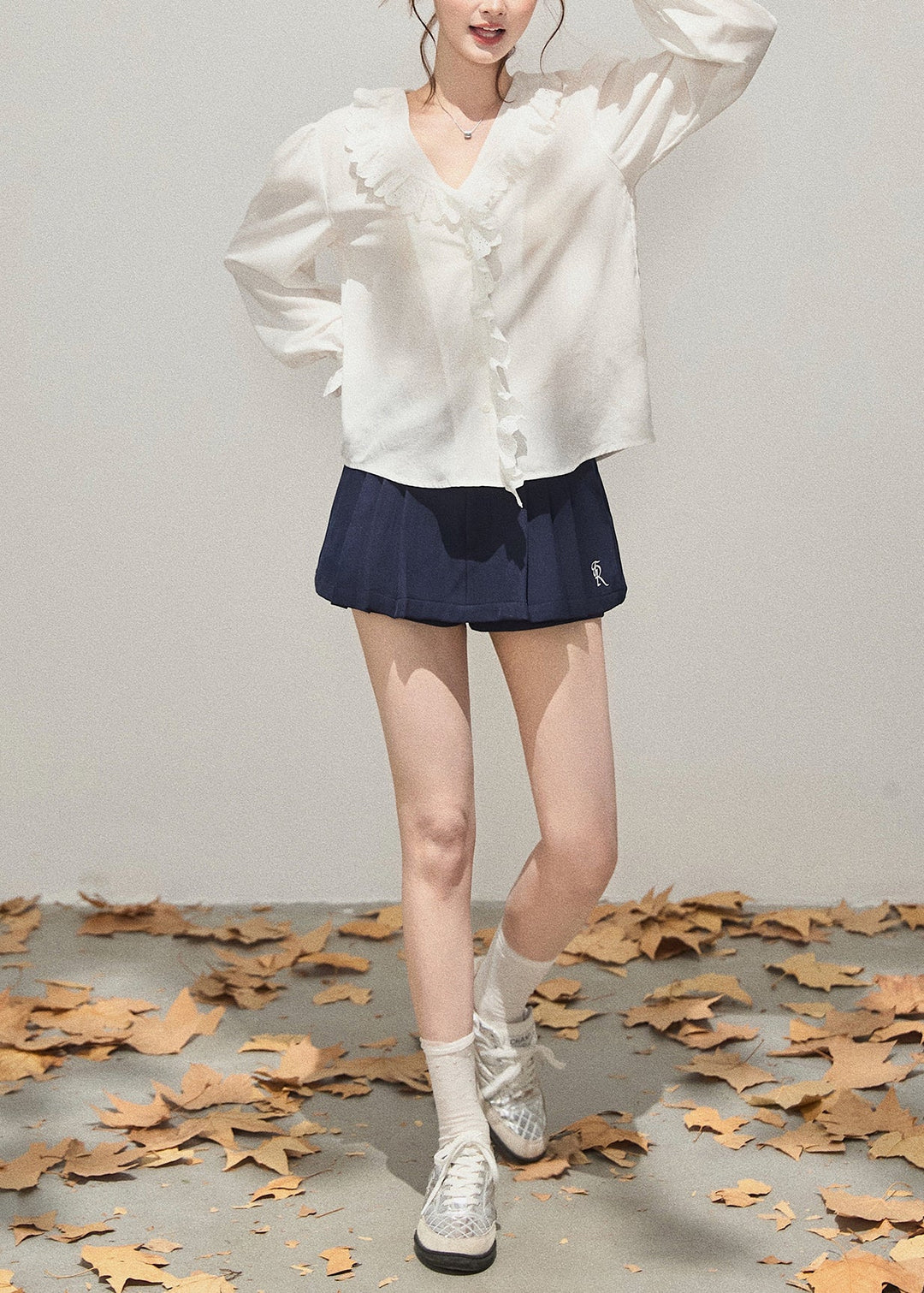 Simple White Ruffled Patchwork Cotton Shirts Fall